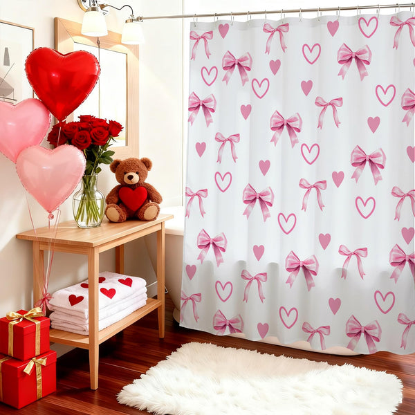 70.8"Valentines Shower Curtain Pink White Bow Love Heart Shower Curtain Valentine Hearts Waterproof