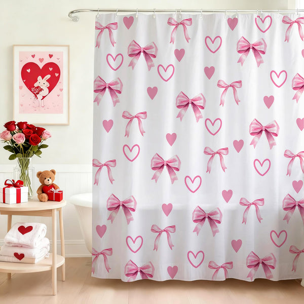70.8"Valentines Shower Curtain Pink White Bow Love Heart Shower Curtain Valentine Hearts Waterproof