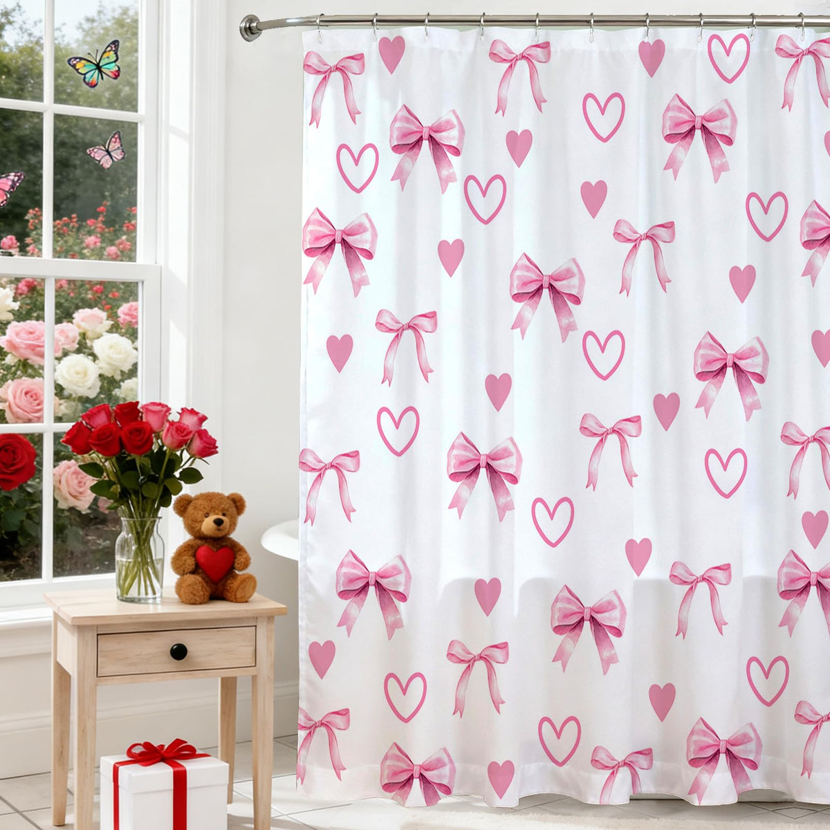 70.8"Valentines Shower Curtain Pink White Bow Love Heart Shower Curtain Valentine Hearts Waterproof