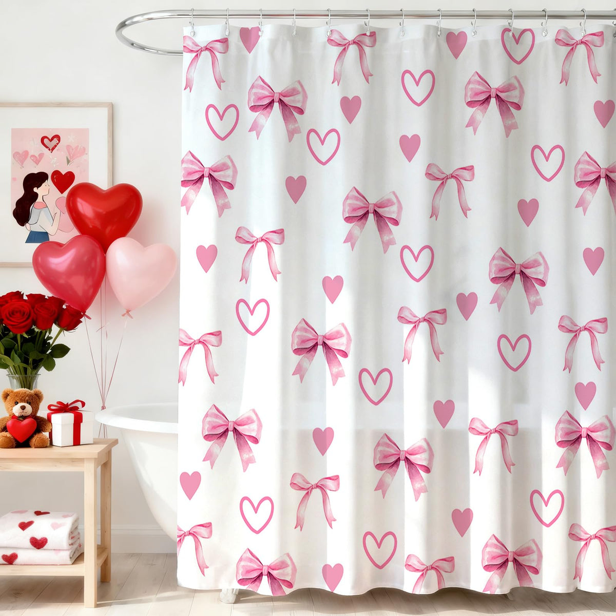 70.8"Valentines Shower Curtain Pink White Bow Love Heart Shower Curtain Valentine Hearts Waterproof
