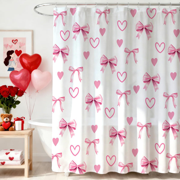 70.8"Valentines Shower Curtain Pink White Bow Love Heart Shower Curtain Valentine Hearts Waterproof