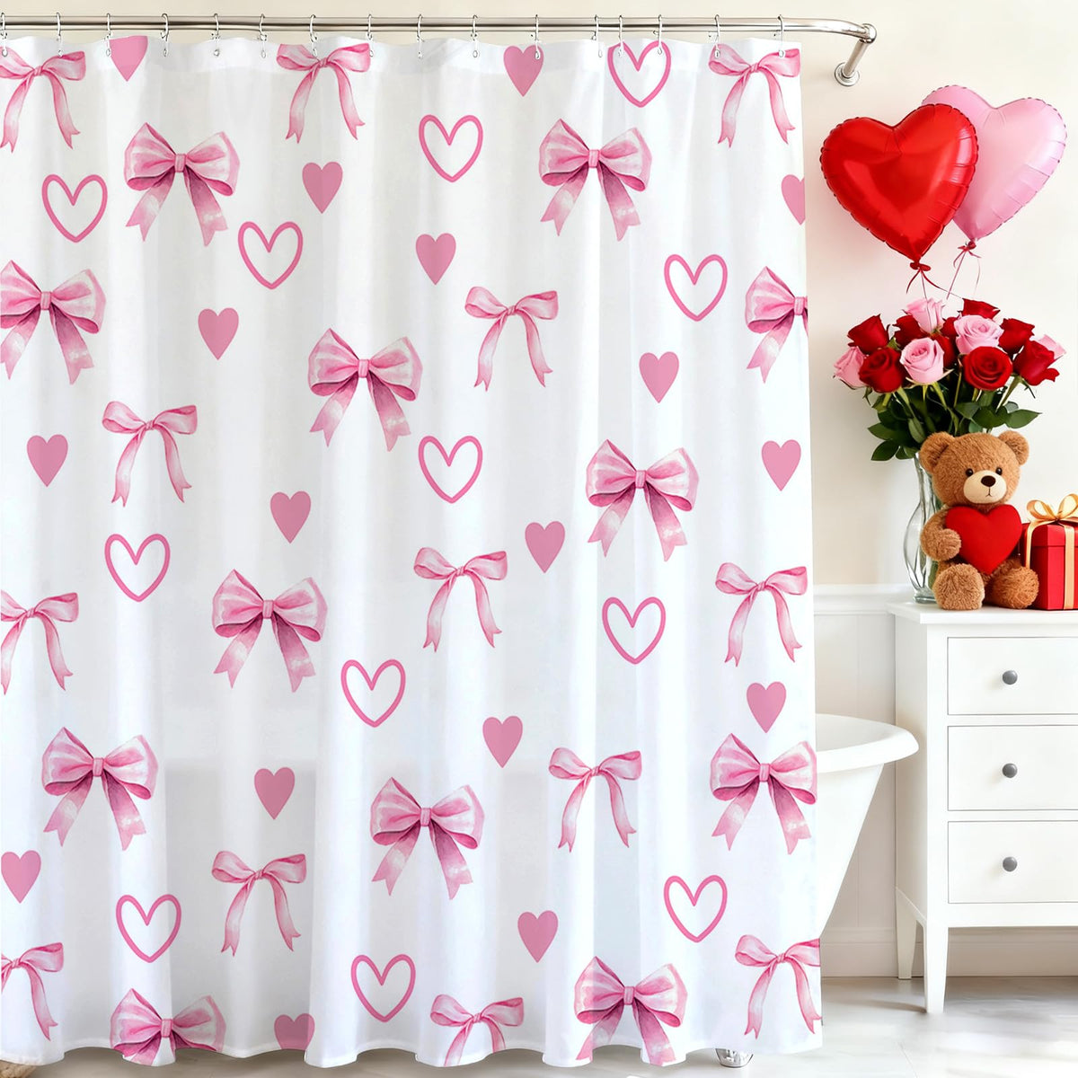 70.8"Valentines Shower Curtain Pink White Bow Love Heart Shower Curtain Valentine Hearts Waterproof