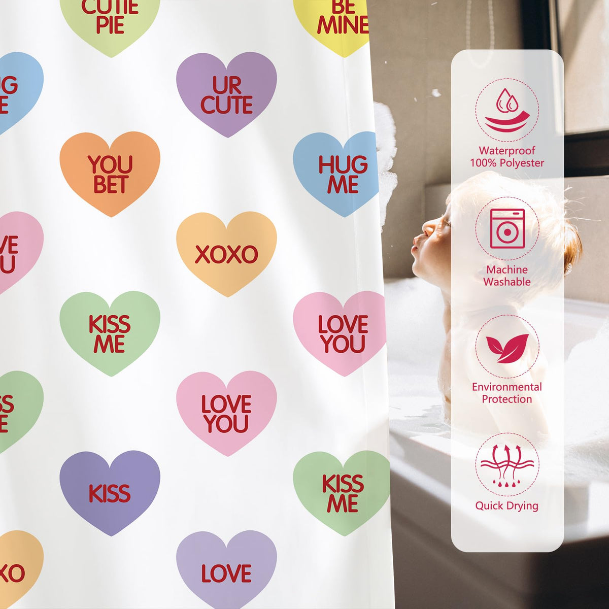 Valentines Shower Curtain 70.8"Sweetheart Colorful Conversation Hearts Candy Shower Curtain for Valentine