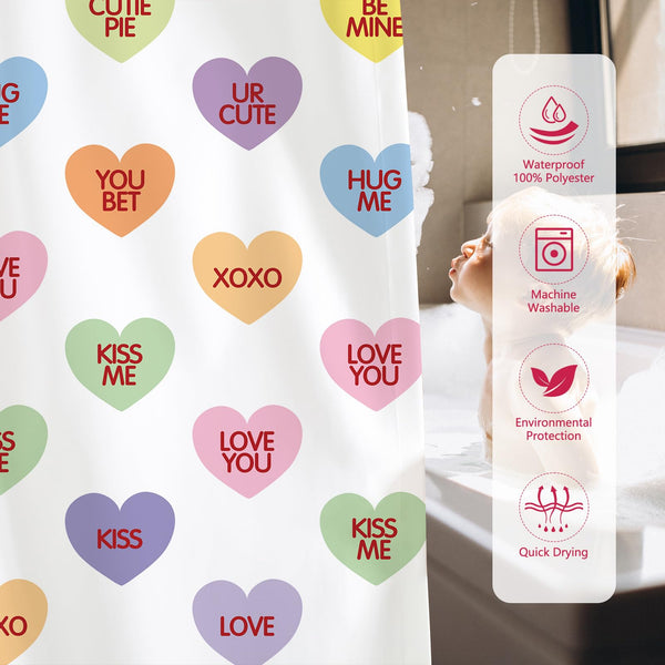 Valentines Shower Curtain 70.8"Sweetheart Colorful Conversation Hearts Candy Shower Curtain for Valentine