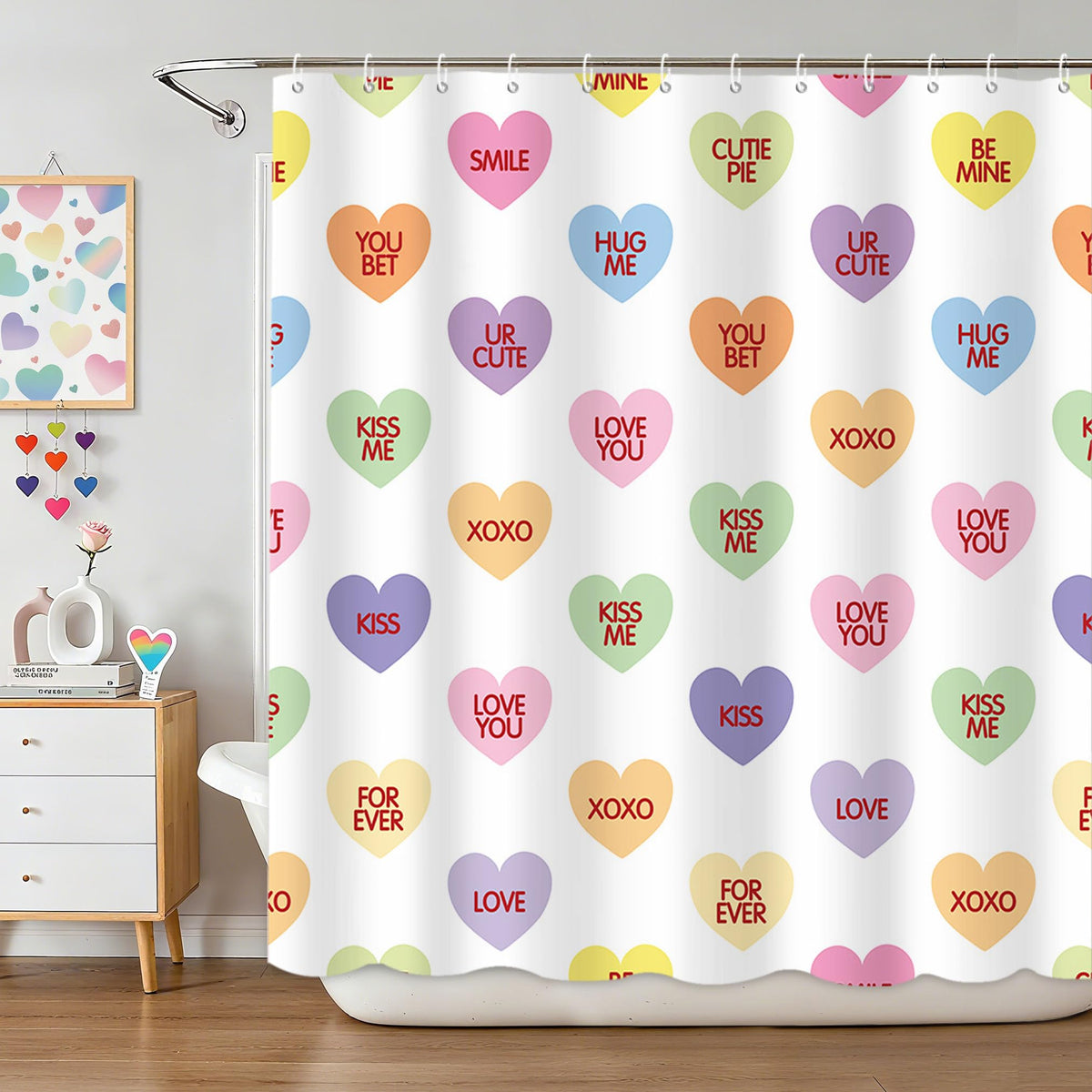 Valentines Shower Curtain 70.8"Sweetheart Colorful Conversation Hearts Candy Shower Curtain for Valentine