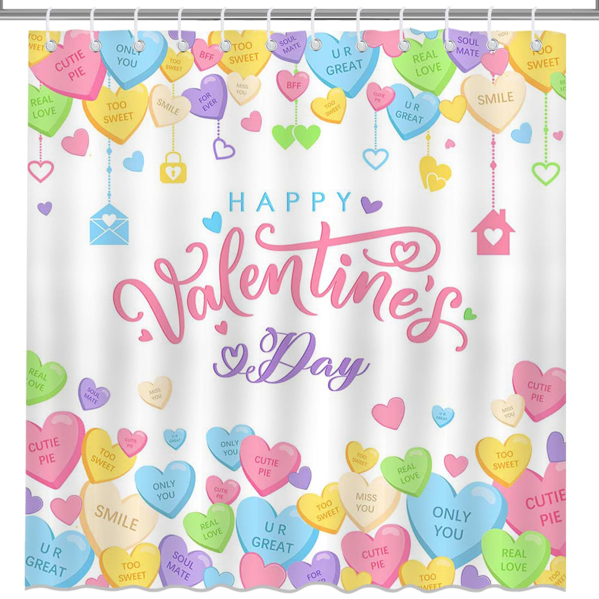 70.8"Valentines Shower Curtain Conversation Heart Bathroom Shower Curtain Valentine Candy Love Hearts