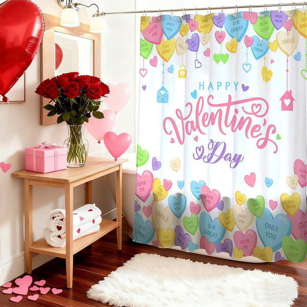 70.8"Valentines Shower Curtain Conversation Heart Bathroom Shower Curtain Valentine Candy Love Hearts