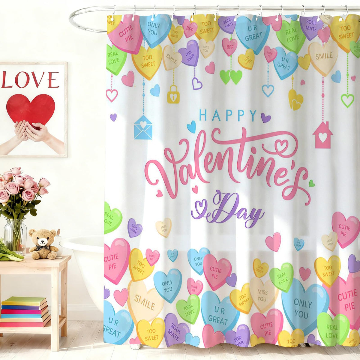 70.8"Valentines Shower Curtain Conversation Heart Bathroom Shower Curtain Valentine Candy Love Hearts