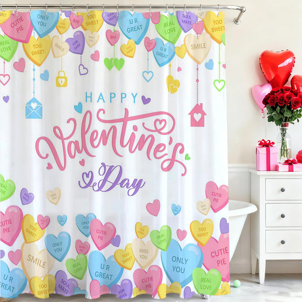 70.8"Valentines Shower Curtain Conversation Heart Bathroom Shower Curtain Valentine Candy Love Hearts