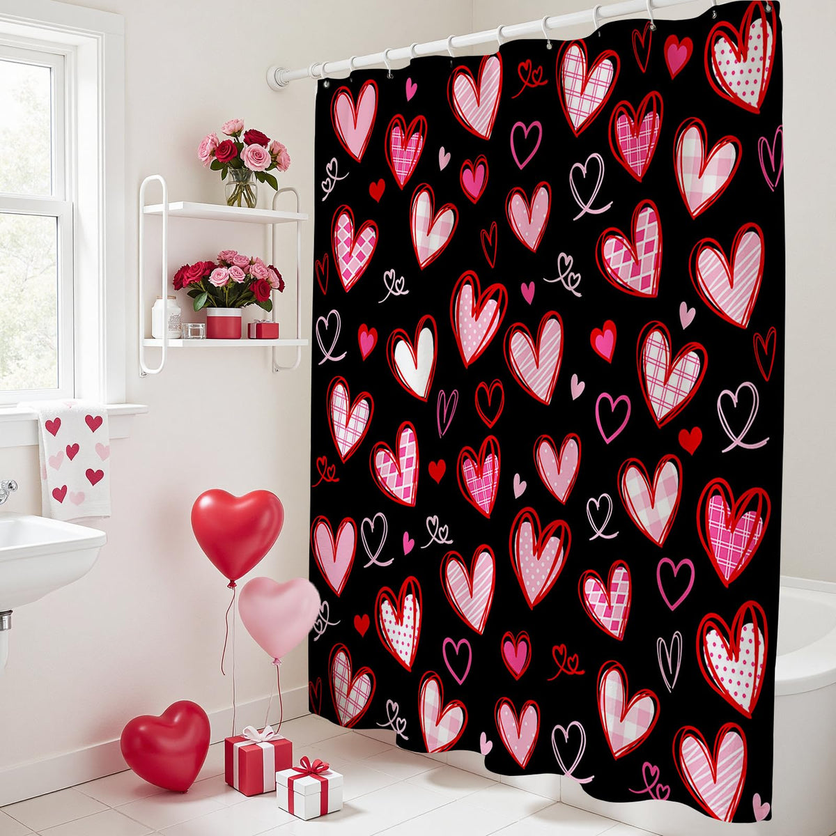 70.8"Valentines Shower Curtain Black Cute Heart Bathroom Decor Aesthetic Valentine Shower Curtain Set
