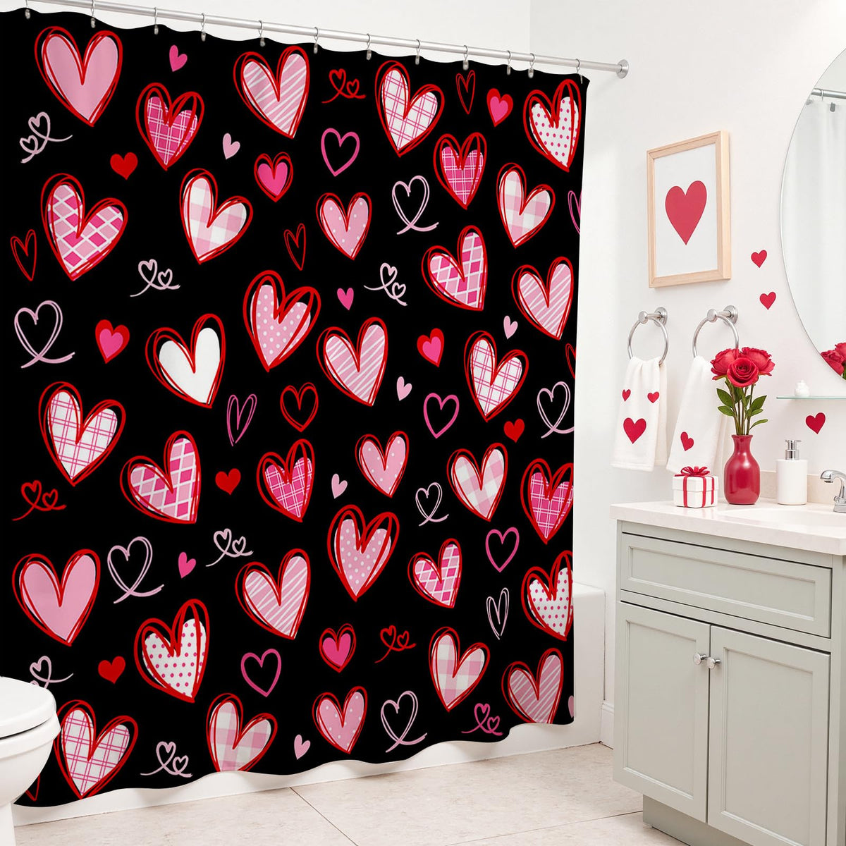 70.8"Valentines Shower Curtain Black Cute Heart Bathroom Decor Aesthetic Valentine Shower Curtain Set