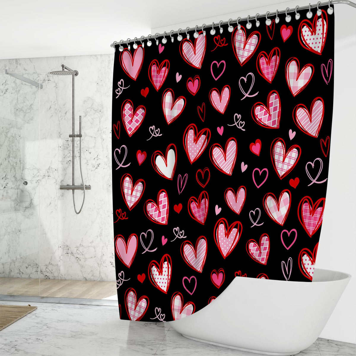 70.8"Valentines Shower Curtain Black Cute Heart Bathroom Decor Aesthetic Valentine Shower Curtain Set