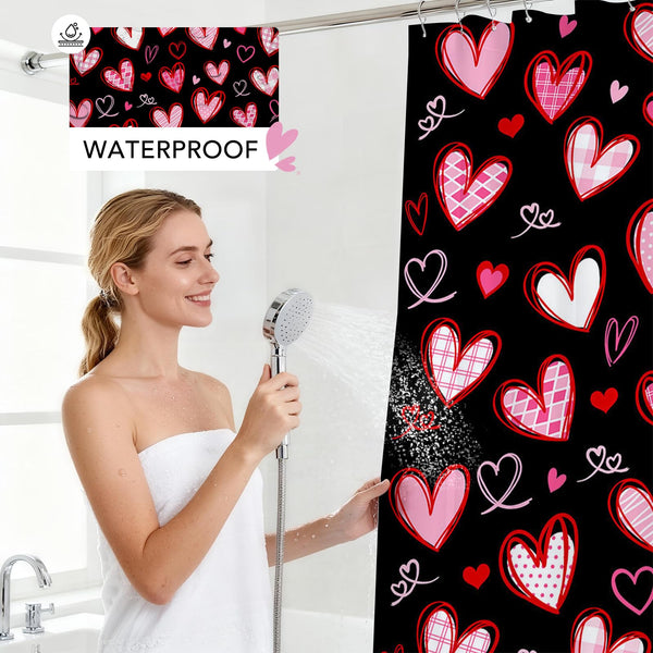 70.8"Valentines Shower Curtain Black Cute Heart Bathroom Decor Aesthetic Valentine Shower Curtain Set