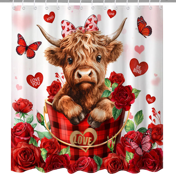 70.8"Valentines Shower Curtain Cute Highland Cow Red Floral Heart Shower Curtain for Bathroom Decor