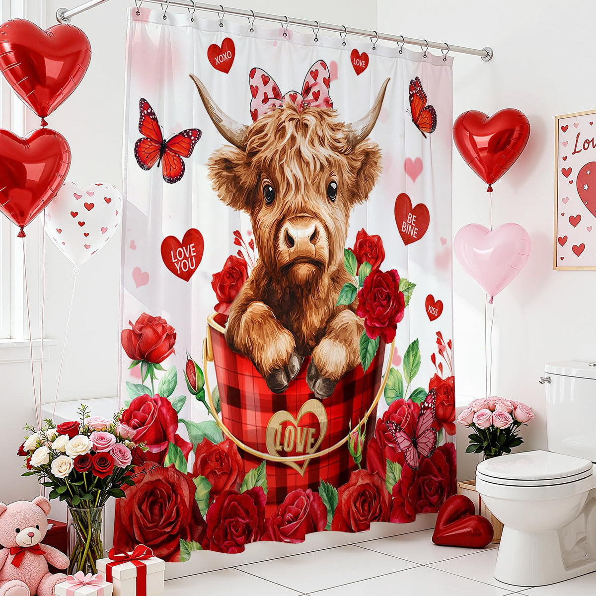 70.8"Valentines Shower Curtain Cute Highland Cow Red Floral Heart Shower Curtain for Bathroom Decor