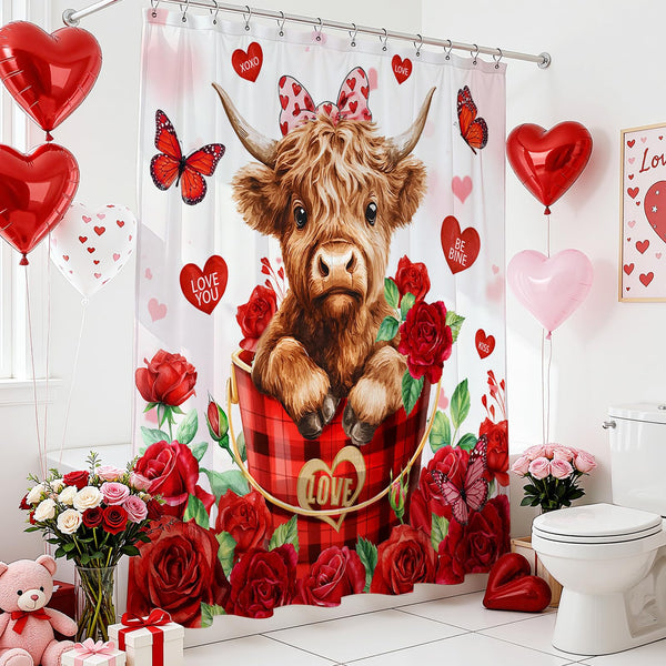 70.8"Valentines Shower Curtain Cute Highland Cow Red Floral Heart Shower Curtain for Bathroom Decor