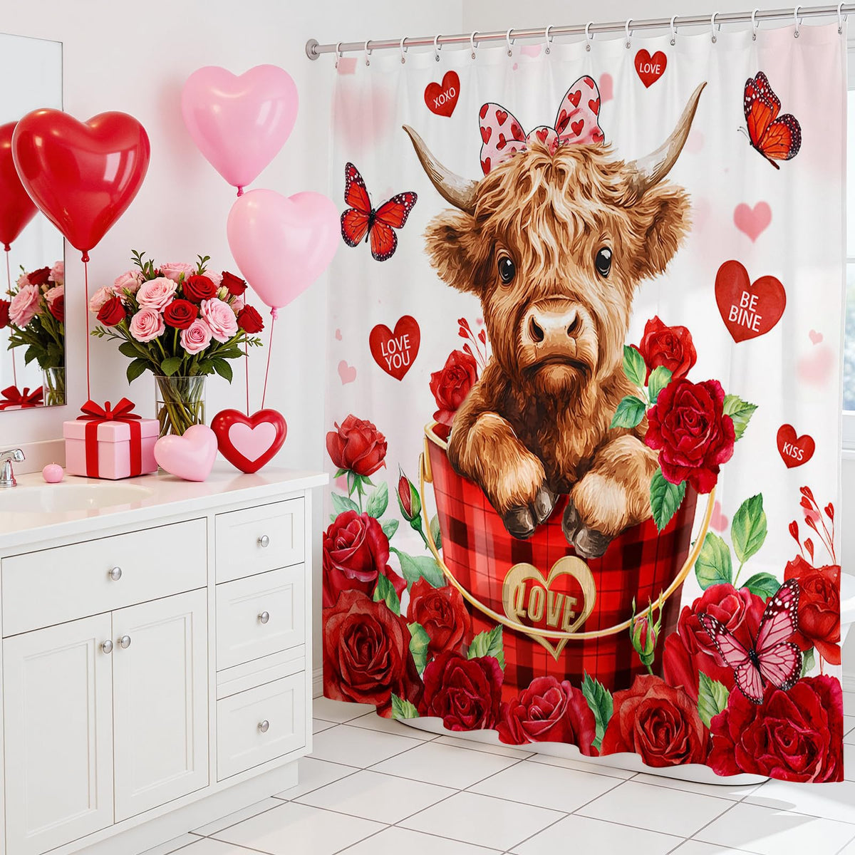 70.8"Valentines Shower Curtain Cute Highland Cow Red Floral Heart Shower Curtain for Bathroom Decor