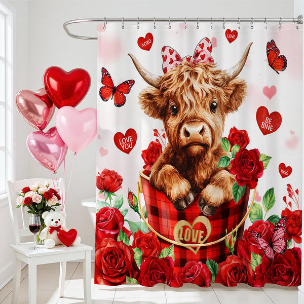 70.8"Valentines Shower Curtain Cute Highland Cow Red Floral Heart Shower Curtain for Bathroom Decor
