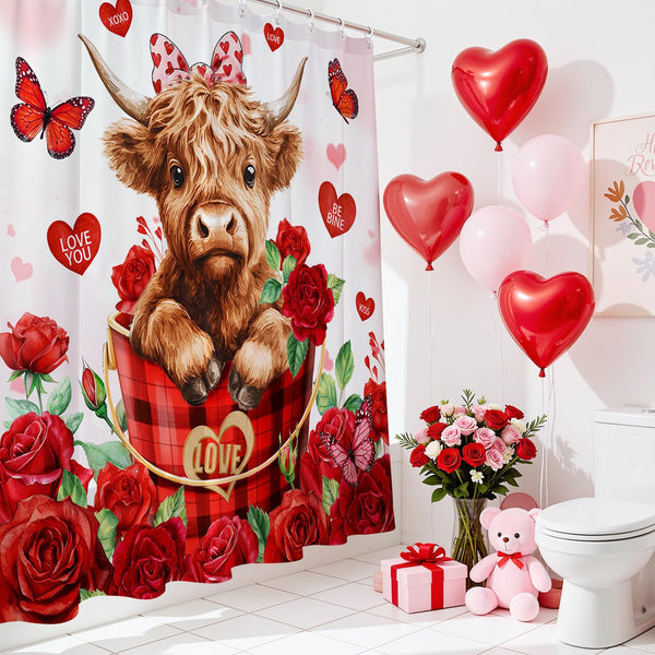 70.8"Valentines Shower Curtain Cute Highland Cow Red Floral Heart Shower Curtain for Bathroom Decor