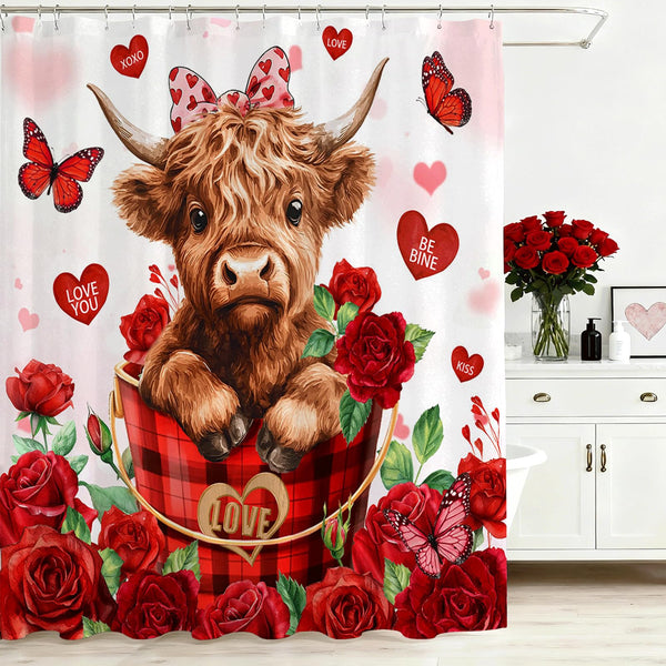 70.8"Valentines Shower Curtain Cute Highland Cow Red Floral Heart Shower Curtain for Bathroom Decor