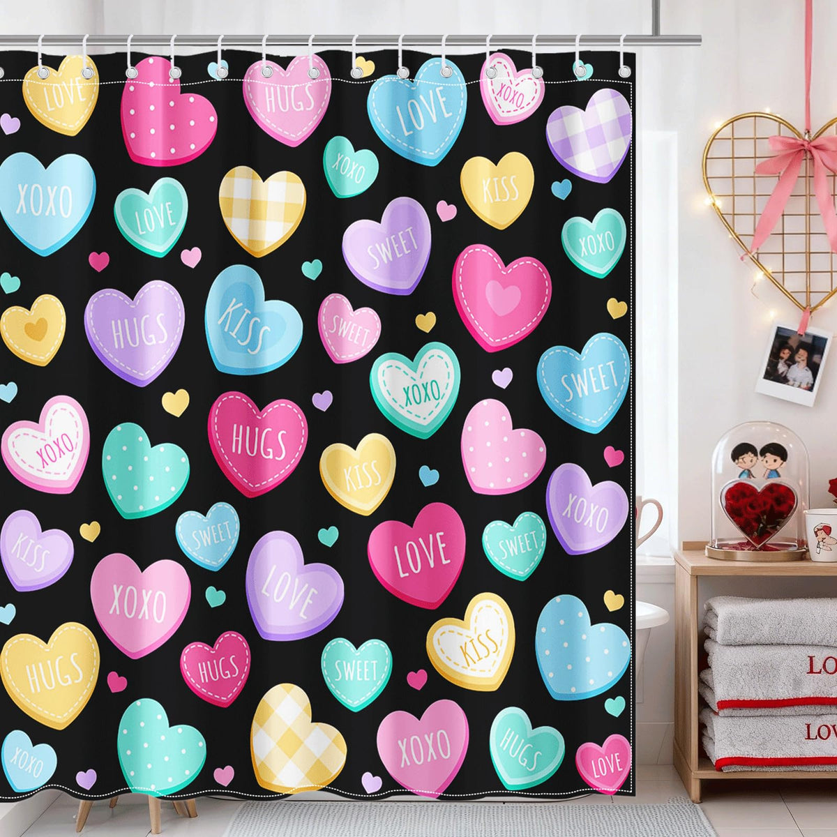 70.8"Valentines Shower Curtain Cute Love Hearts Romantic Sweetheart Shower Curtain for Valentines Day