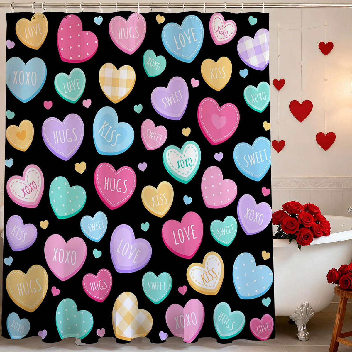 70.8"Valentines Shower Curtain Cute Love Hearts Romantic Sweetheart Shower Curtain for Valentines Day