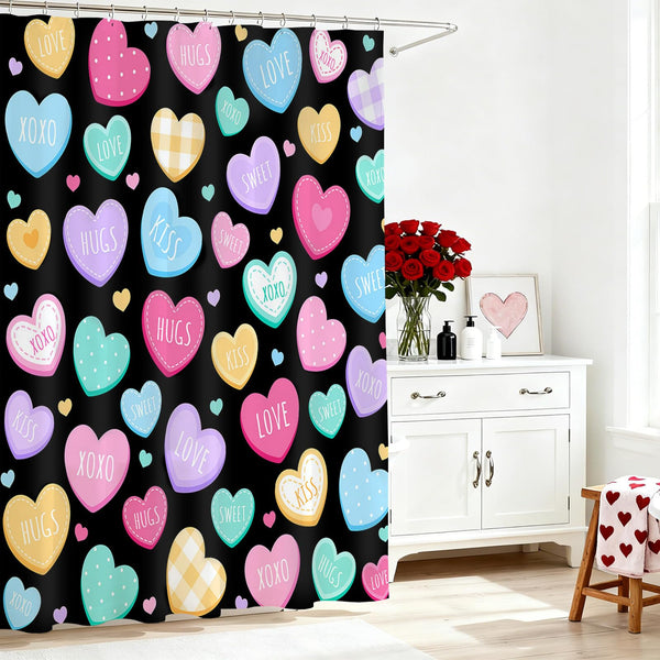 70.8"Valentines Shower Curtain Cute Love Hearts Romantic Sweetheart Shower Curtain for Valentines Day