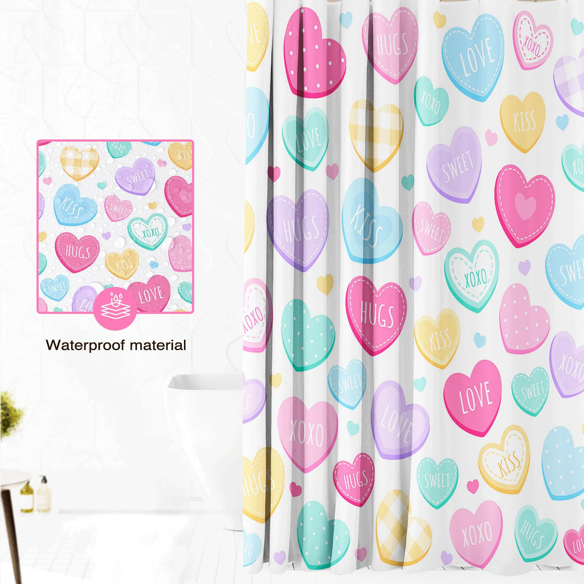 Valentines Shower Curtain 70.8"Cute Love Hearts Shower Curtain for Valentines Day Decorations,  Sweetheart