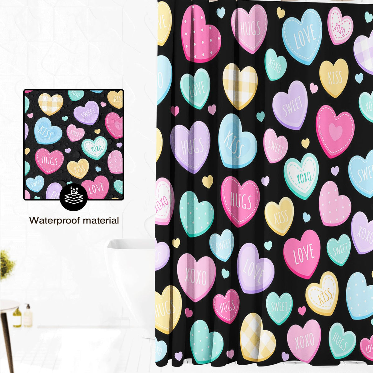 70.8"Valentines Shower Curtain Cute Love Hearts Romantic Sweetheart Shower Curtain for Valentines Day
