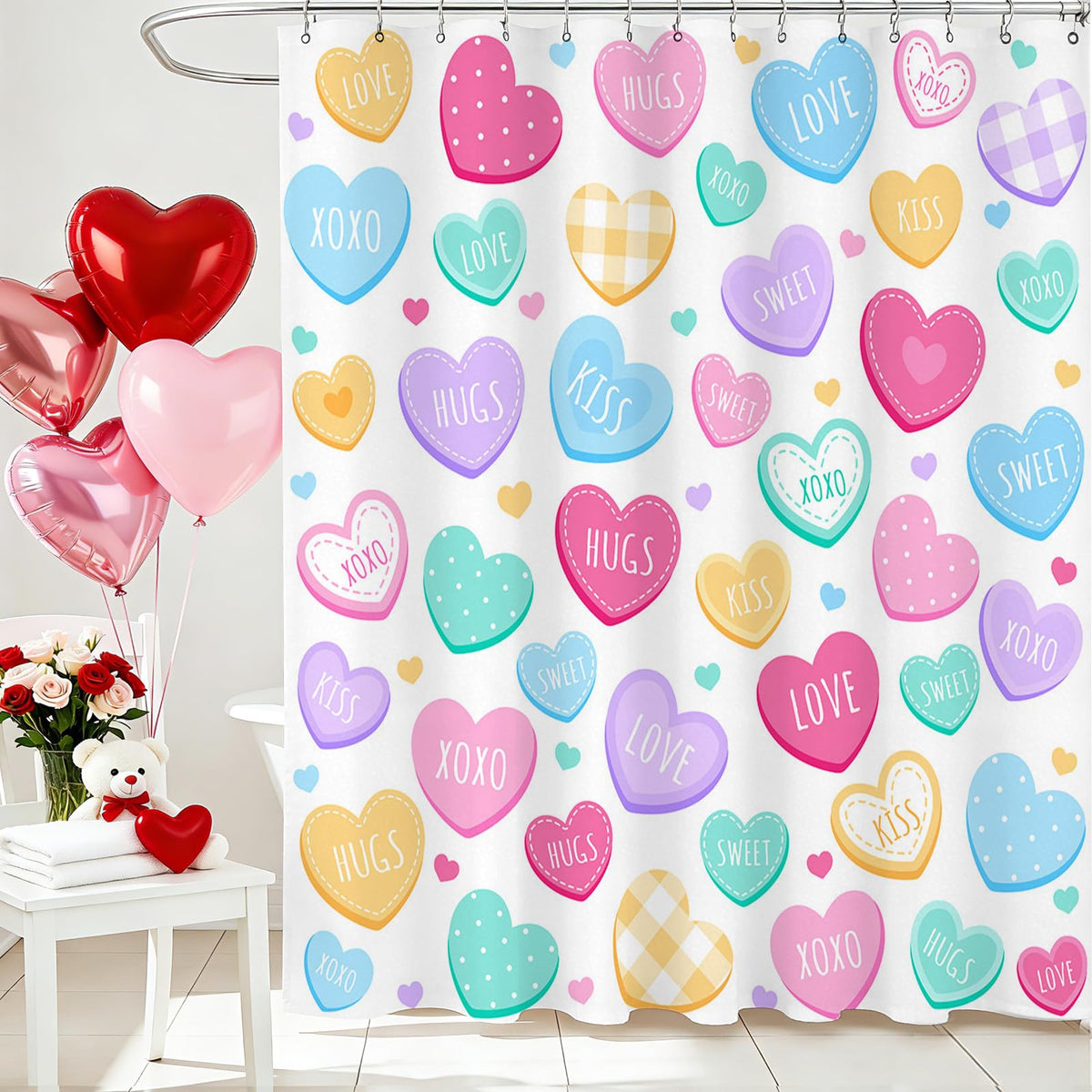 Valentines Shower Curtain 70.8"Cute Love Hearts Shower Curtain for Valentines Day Decorations,  Sweetheart