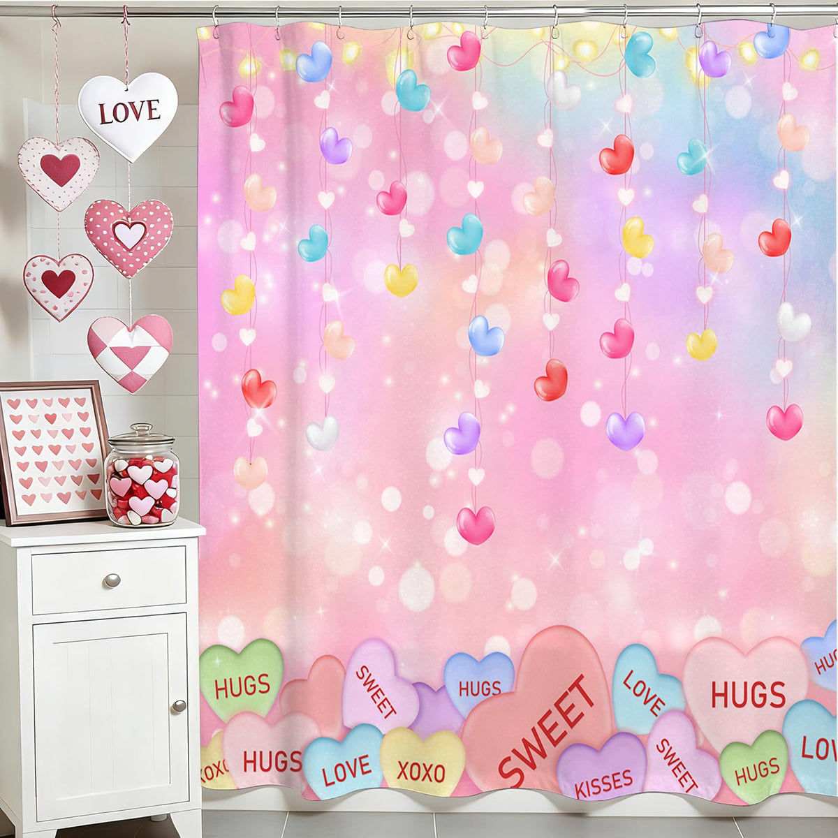 70.8"Valentines Shower Curtain Cute Love Pink Hearts Valentine Sweetheart Romantic Bathroom Decor Curtain