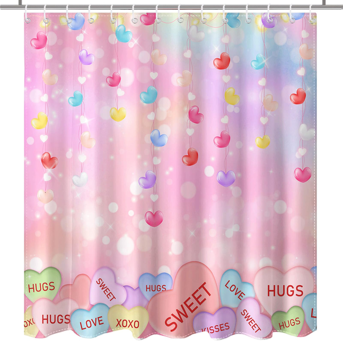 70.8"Valentines Shower Curtain Cute Love Pink Hearts Valentine Sweetheart Romantic Bathroom Decor Curtain