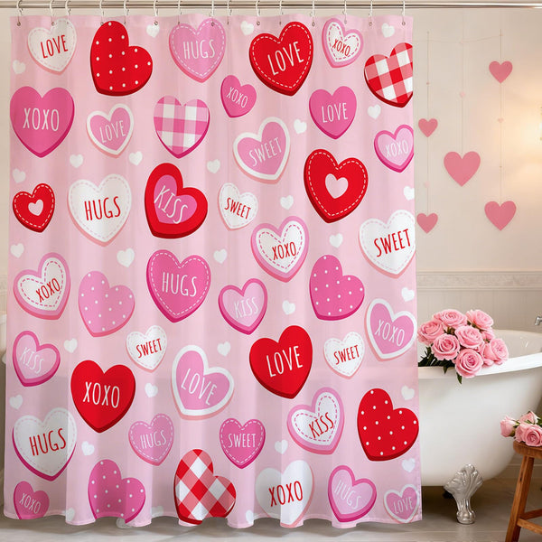 Valentines Shower Curtain 70.8"Cute Love Pink Hearts Shower Curtain for Valentines Day Decorations