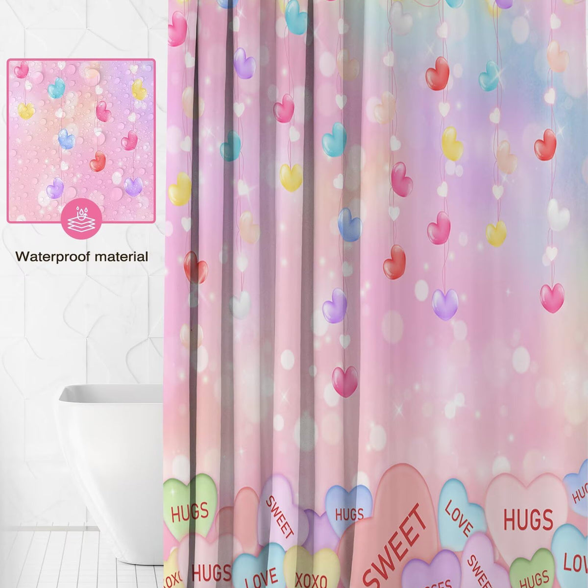 70.8"Valentines Shower Curtain Cute Love Pink Hearts Valentine Sweetheart Romantic Bathroom Decor Curtain