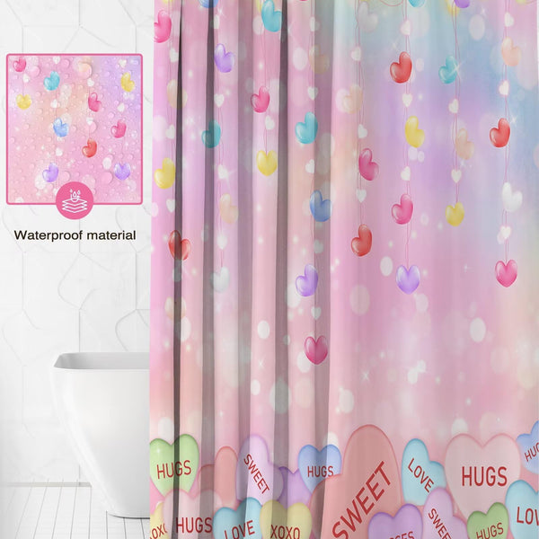 70.8"Valentines Shower Curtain Cute Love Pink Hearts Valentine Sweetheart Romantic Bathroom Decor Curtain