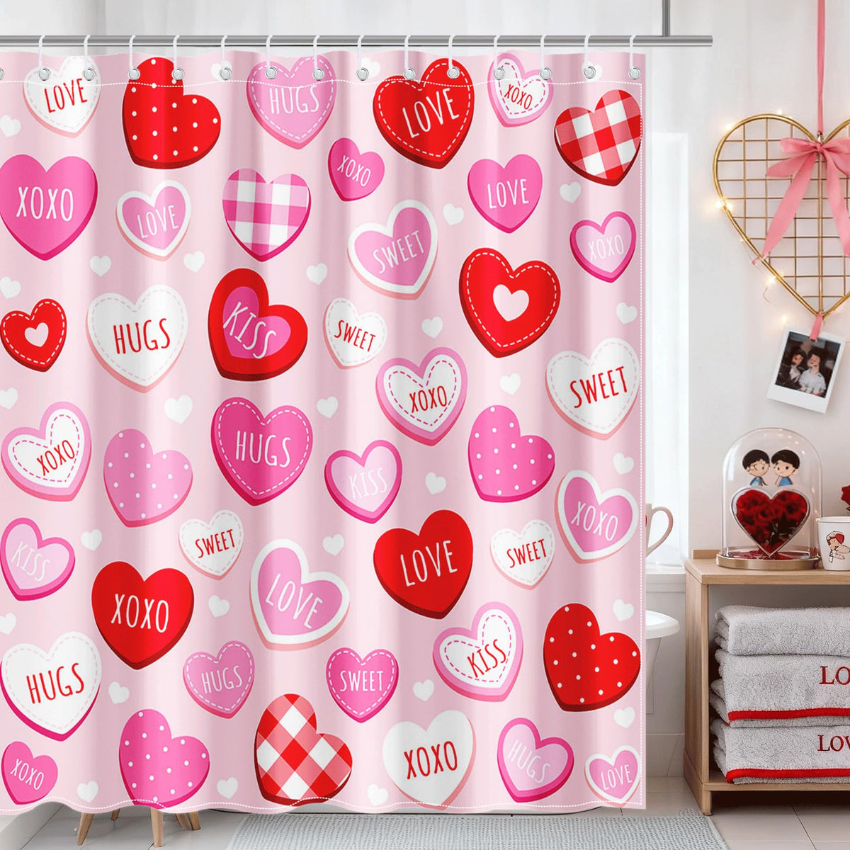 Valentines Shower Curtain 70.8"Cute Love Pink Hearts Shower Curtain for Valentines Day Decorations