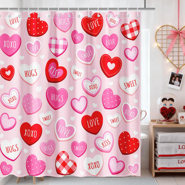 Valentines Shower Curtain 70.8"Cute Love Pink Hearts Shower Curtain for Valentines Day Decorations