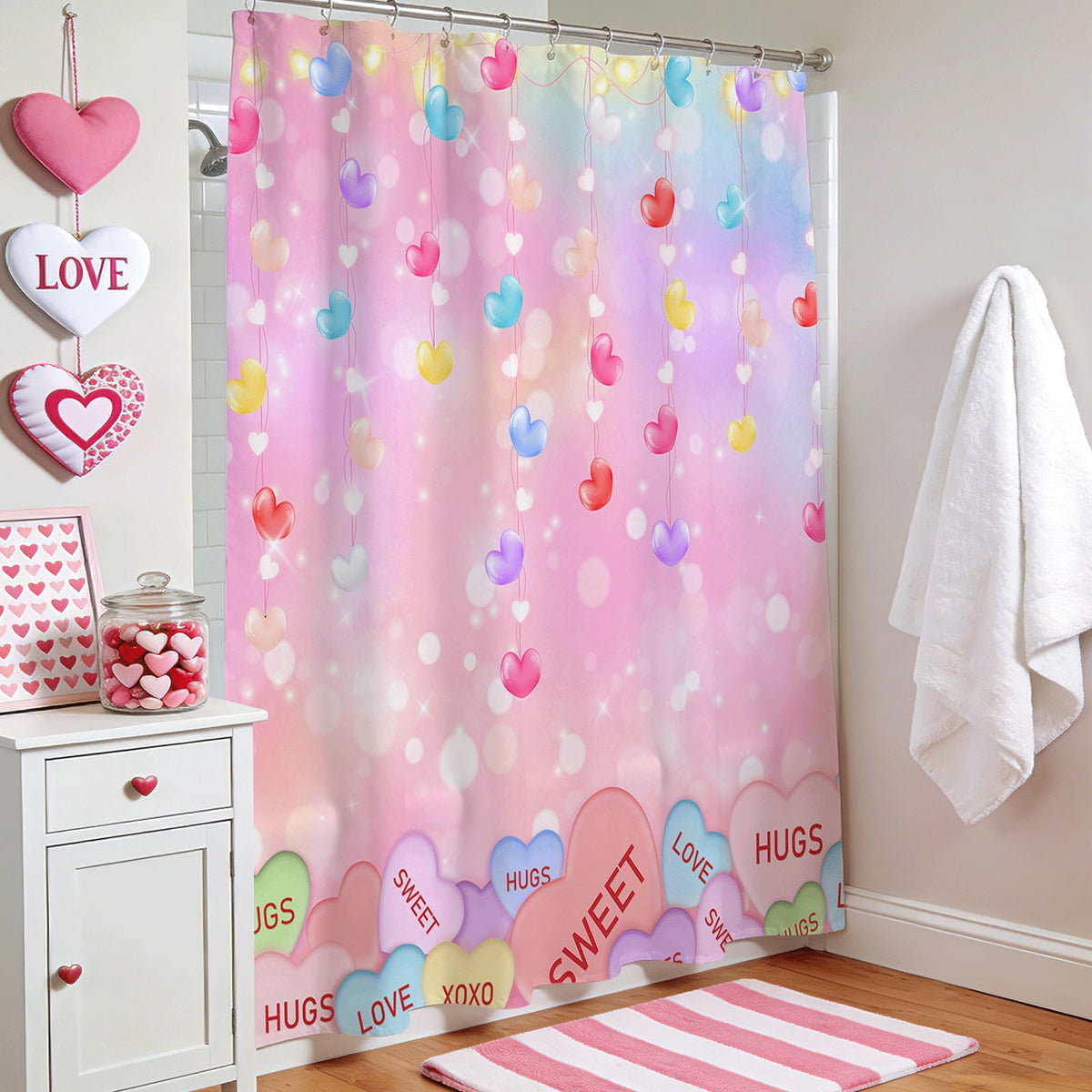 70.8"Valentines Shower Curtain Cute Love Pink Hearts Valentine Sweetheart Romantic Bathroom Decor Curtain