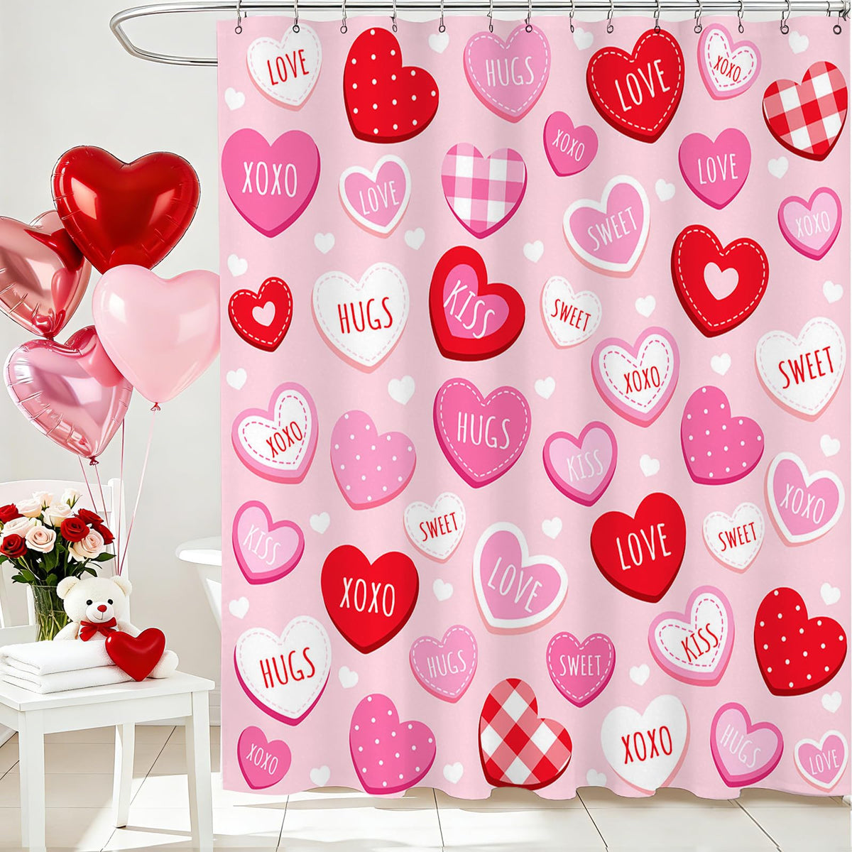 Valentines Shower Curtain 70.8"Cute Love Pink Hearts Shower Curtain for Valentines Day Decorations