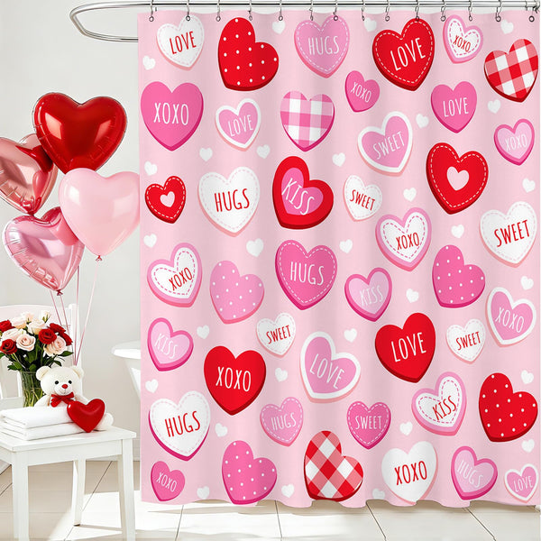 Valentines Shower Curtain 70.8"Cute Love Pink Hearts Shower Curtain for Valentines Day Decorations