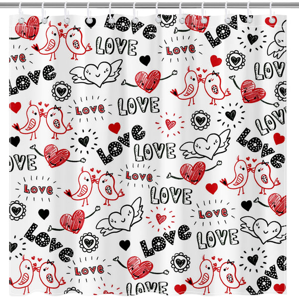 Valentines Shower Curtain Doodle Style Heart and Kiss Birds Bathroom Shower Curtain Valentine Waterproof  Fabric