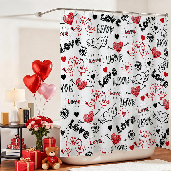 Valentines Shower Curtain Doodle Style Heart and Kiss Birds Bathroom Shower Curtain Valentine Waterproof  Fabric