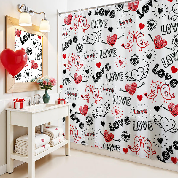 Valentines Shower Curtain Doodle Style Heart and Kiss Birds Bathroom Shower Curtain Valentine Waterproof  Fabric