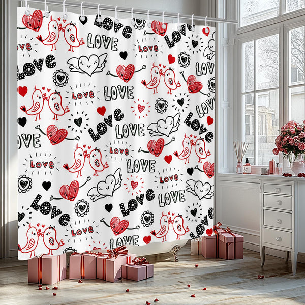 Valentines Shower Curtain Doodle Style Heart and Kiss Birds Bathroom Shower Curtain Valentine Waterproof  Fabric