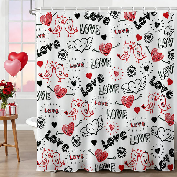 Valentines Shower Curtain Doodle Style Heart and Kiss Birds Bathroom Shower Curtain Valentine Waterproof  Fabric