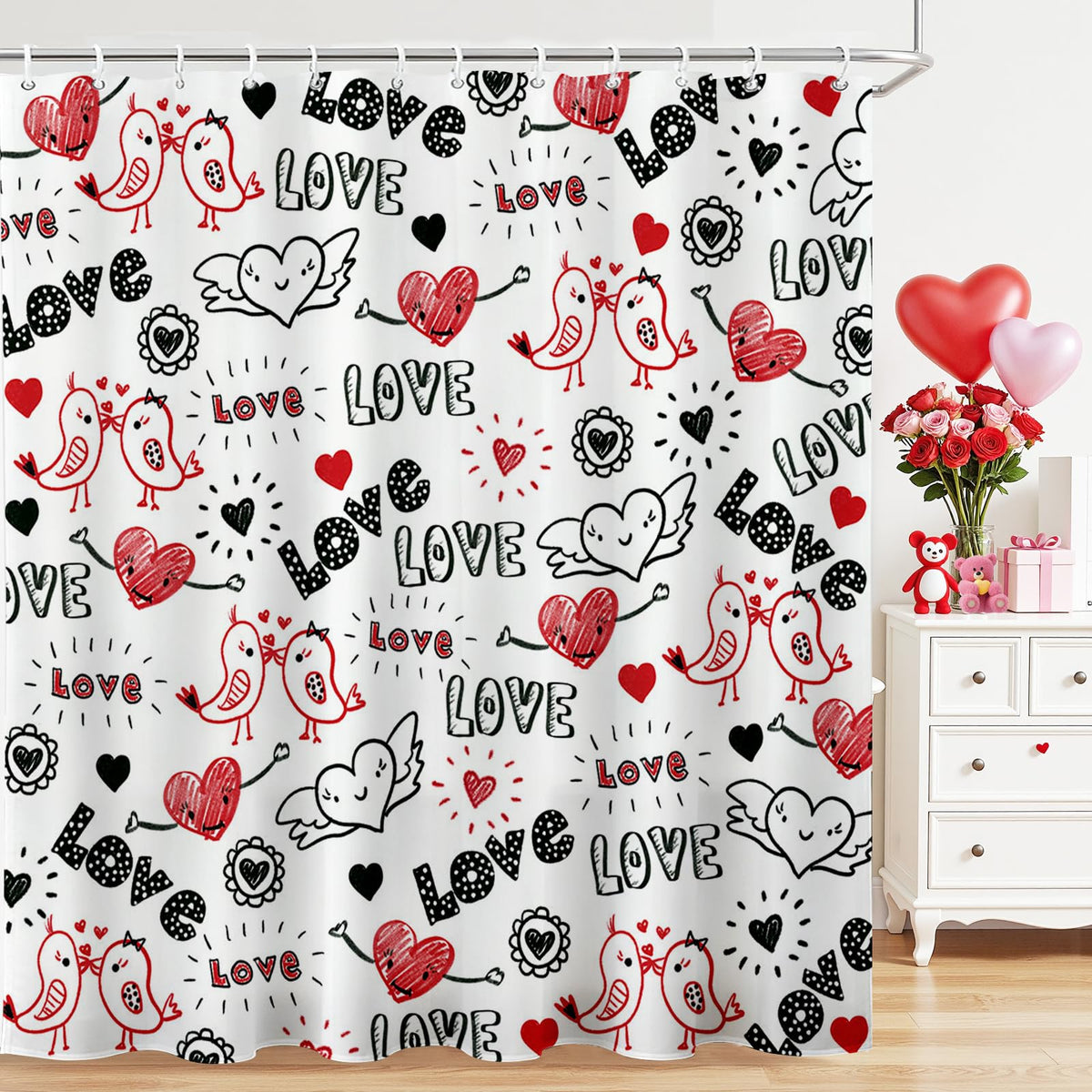 Valentines Shower Curtain Doodle Style Heart and Kiss Birds Bathroom Shower Curtain Valentine Waterproof  Fabric