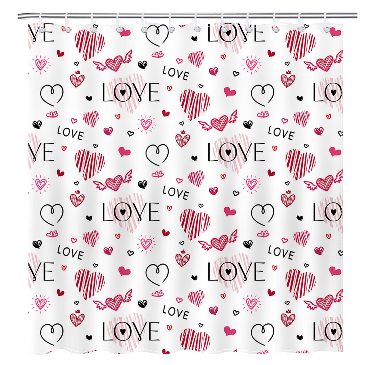 70.8" Valentines Shower Curtain Doodle Style Love Hearts Shower Curtain Valentine Waterproof Polyester Fabric
