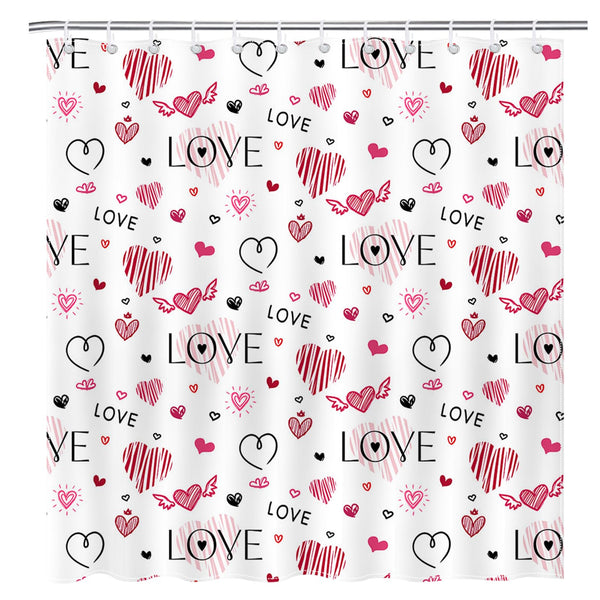 70.8" Valentines Shower Curtain Doodle Style Love Hearts Shower Curtain Valentine Waterproof Polyester Fabric