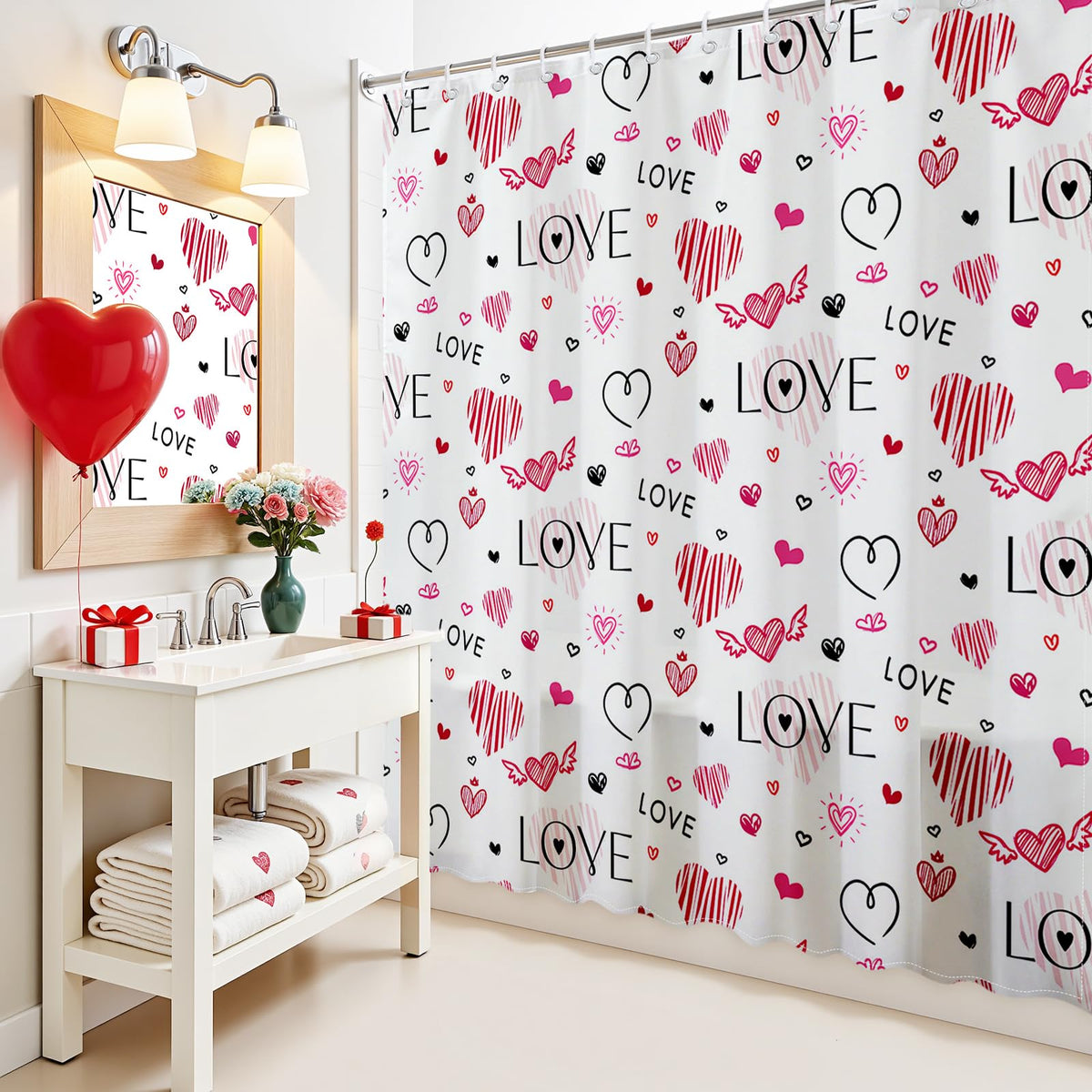 70.8" Valentines Shower Curtain Doodle Style Love Hearts Shower Curtain Valentine Waterproof Polyester Fabric