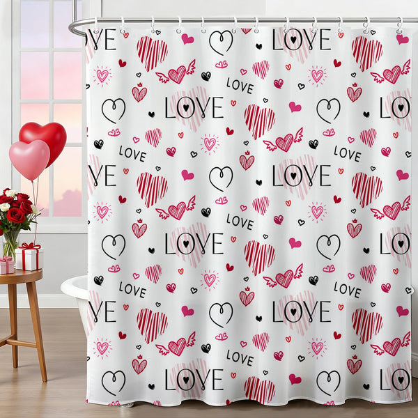 70.8" Valentines Shower Curtain Doodle Style Love Hearts Shower Curtain Valentine Waterproof Polyester Fabric